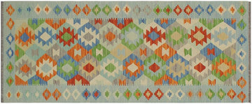 Flat Weave Kilim, Antique, Navaho, Vintage, Handmade, Geometric Kilim Rust Blue Hand-Woven Runner 100% Wool Area Rug 3 x 6